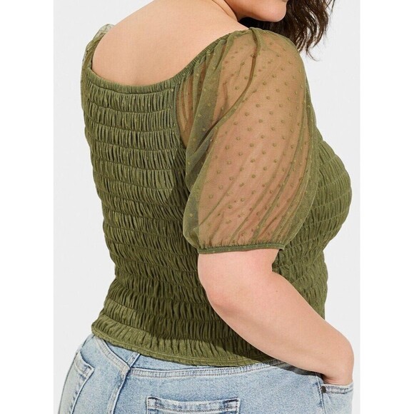 Torrid Dot Mesh Square Neck Smocked Top in Olive Green Plus Size 3X (22-24) - Picture 2 of 12